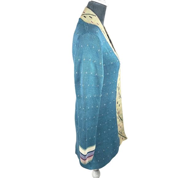 Mai-Anju Open Cardigan Sweater Women's XS/Small* Blue Tan Shawl Neck Cottage VTG - Picture 8 of 10